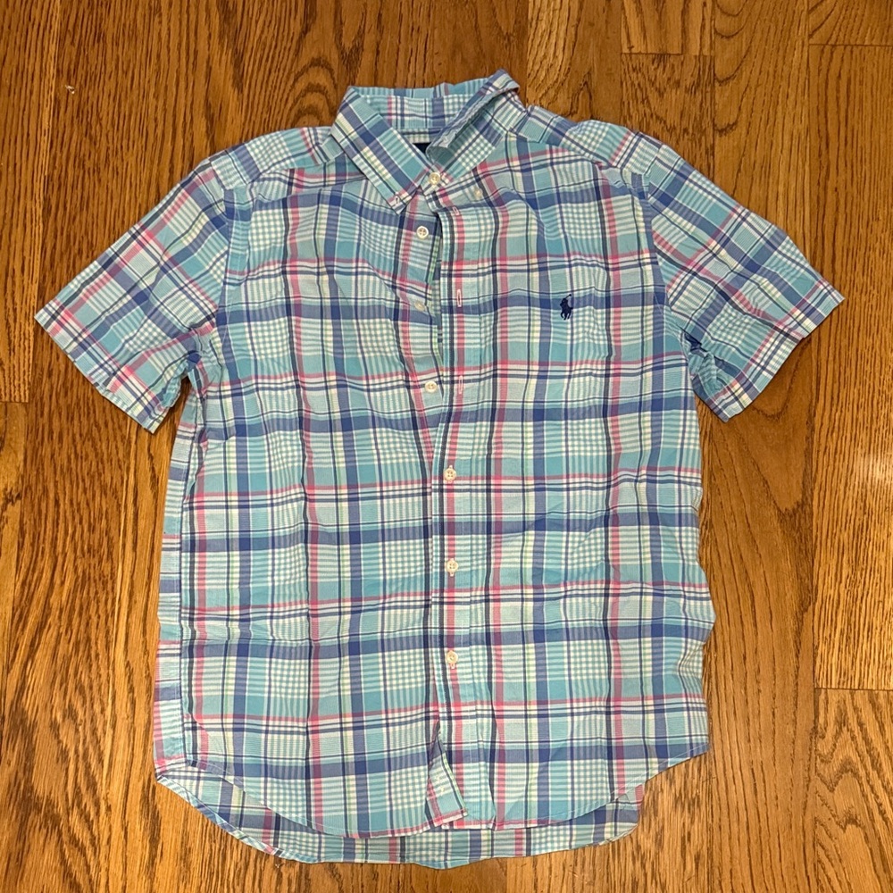 Polo by Ralph Lauren Light Blue and Pink Plaid Short-Sleeve Button-Down